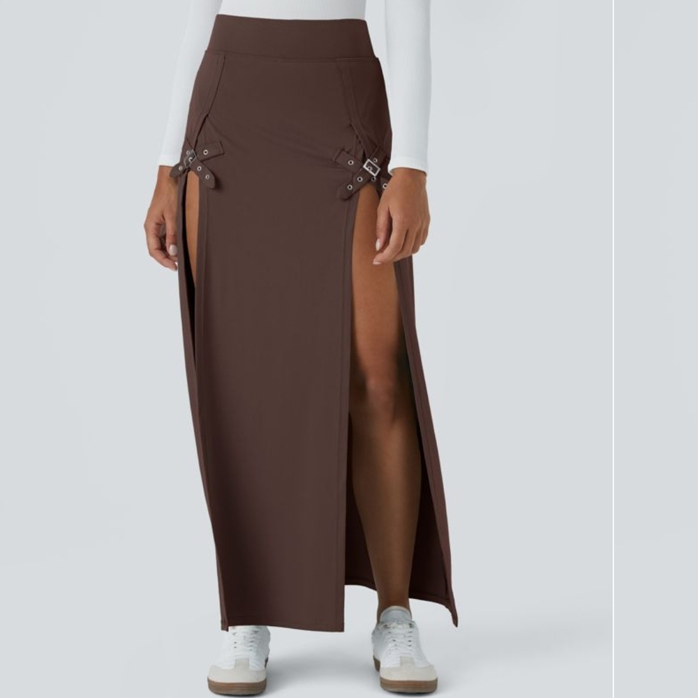 NWT Halara Brown Maxi Skirt with Buckle Accents